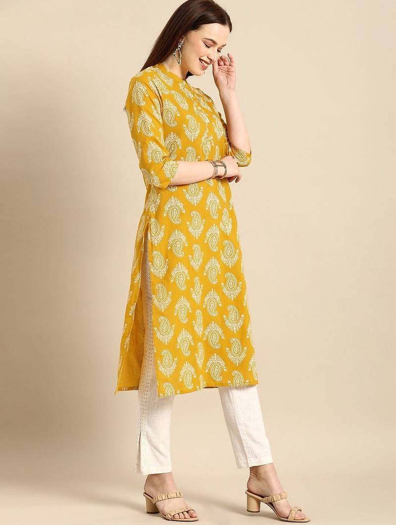 women yellow & white ethnic motifs printed regular kurta