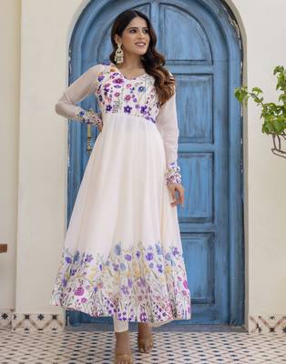  off-white organza floral printed anarkali gown set with dupatta & pant 1