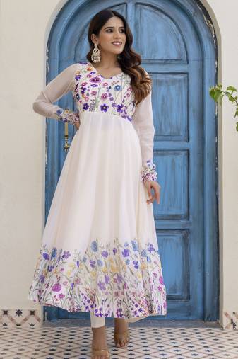  off-white organza floral printed anarkali gown set with dupatta & pant