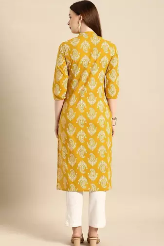 women yellow & white ethnic motifs printed regular kurta