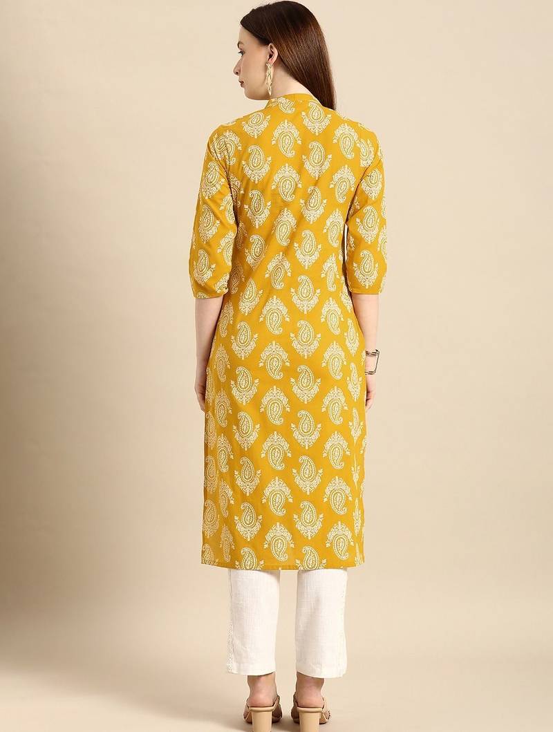women yellow & white ethnic motifs printed regular kurta