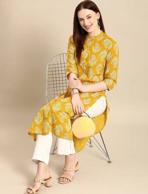 women yellow & white ethnic motifs printed regular kurta 4