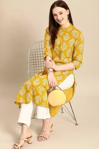 women yellow & white ethnic motifs printed regular kurta
