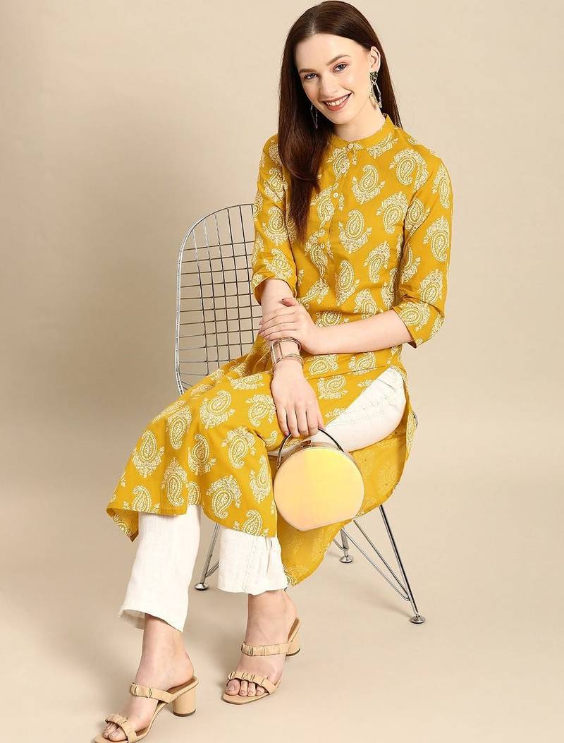 women yellow & white ethnic motifs printed regular kurta