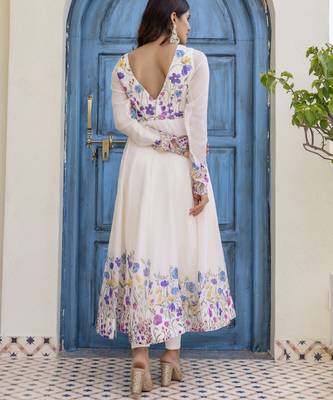  off-white organza floral printed anarkali gown set with dupatta & pant 2
