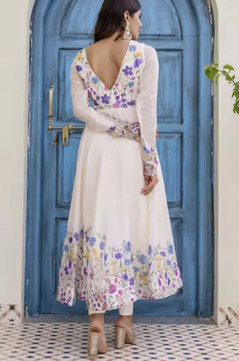  off-white organza floral printed anarkali gown set with dupatta & pant