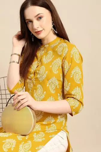 women yellow & white ethnic motifs printed regular kurta