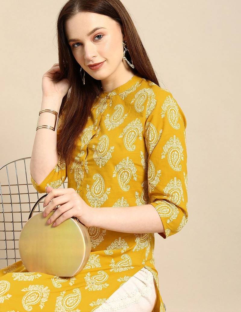 women yellow & white ethnic motifs printed regular kurta
