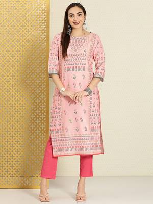 Women pink & green floral printed rozana kurta 1