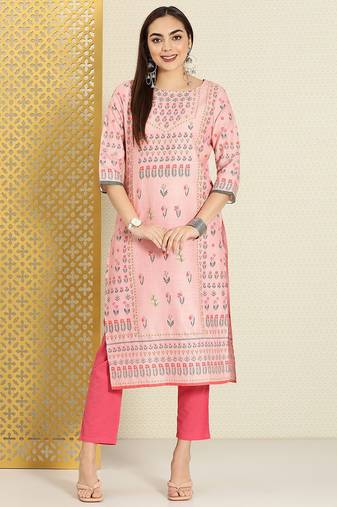 Women pink & green floral printed rozana kurta