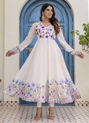  off-white organza floral printed anarkali gown set with dupatta & pant 3