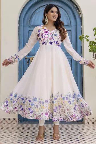  off-white organza floral printed anarkali gown set with dupatta & pant