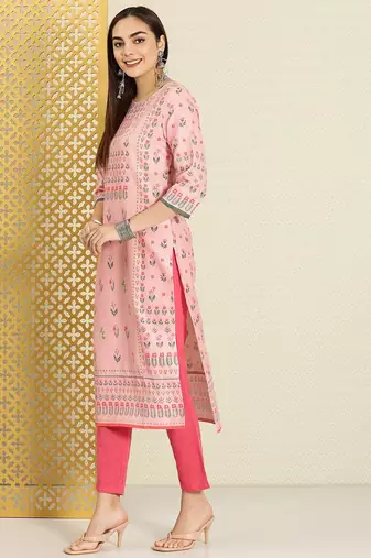 Women pink & green floral printed rozana kurta