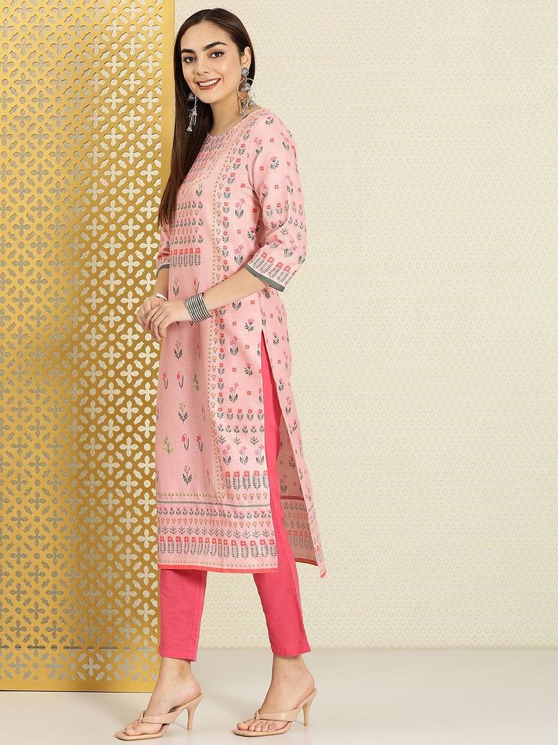 Women pink & green floral printed rozana kurta