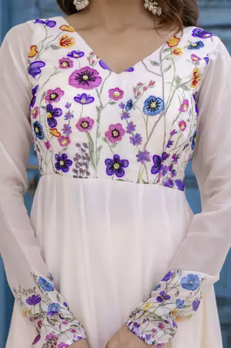  off-white organza floral printed anarkali gown set with dupatta & pant