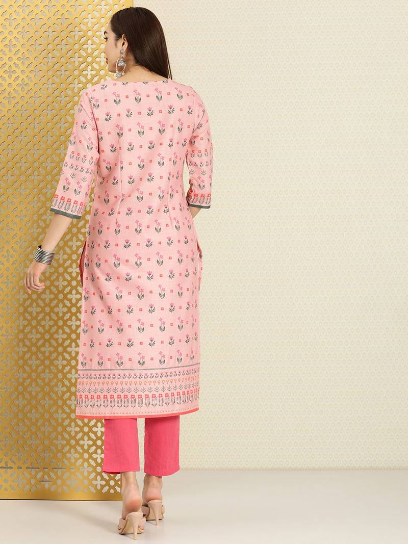 Women pink & green floral printed rozana kurta