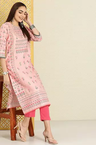 Women pink & green floral printed rozana kurta