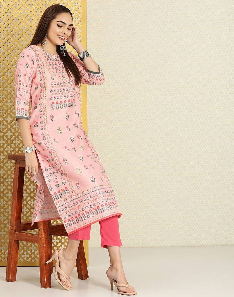 Women pink & green floral printed rozana kurta