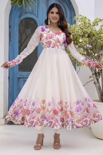  off-white organza floral printed anarkali gown set with dupatta & pant