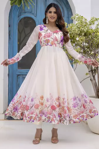  off-white organza floral printed anarkali gown set with dupatta & pant