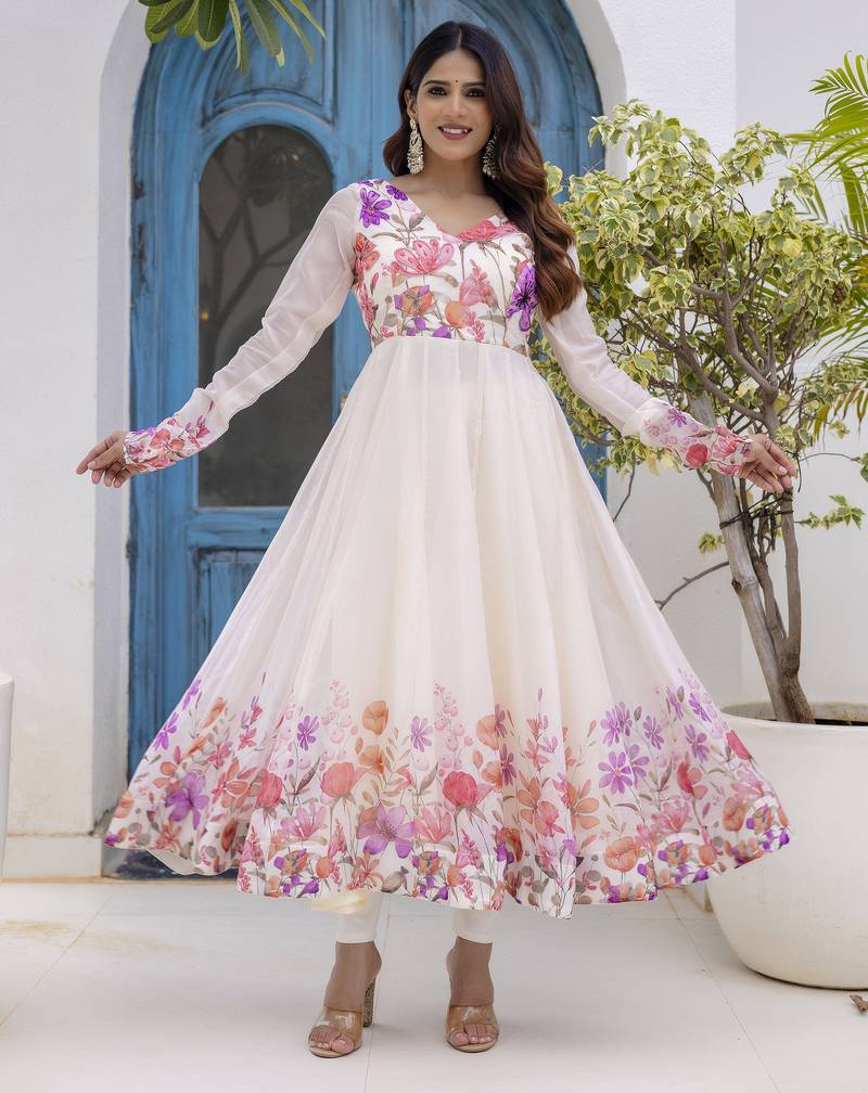  off-white organza floral printed anarkali gown set with dupatta & pant