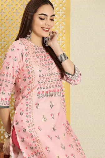 Women pink & green floral printed rozana kurta