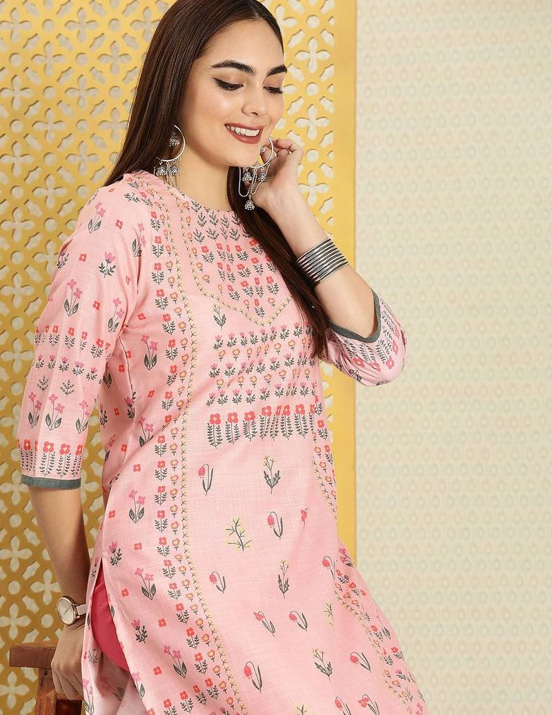 Women pink & green floral printed rozana kurta