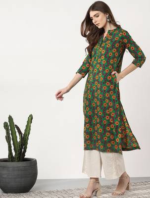 women green & mustard yellow printed straight kurta 1