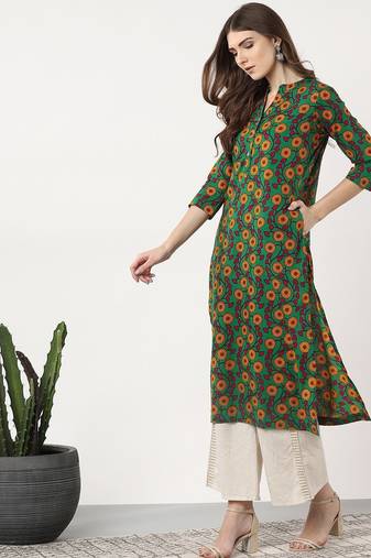 women green & mustard yellow printed straight kurta