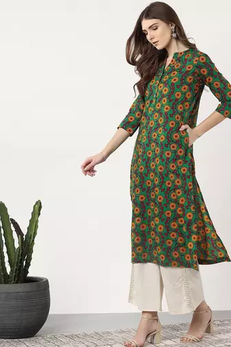 women green & mustard yellow printed straight kurta