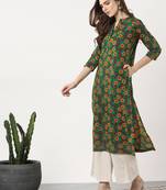women green & mustard yellow printed straight kurta