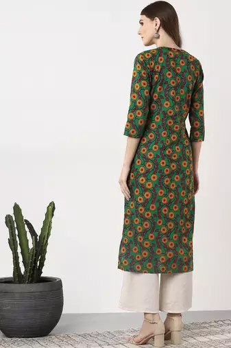 women green & mustard yellow printed straight kurta