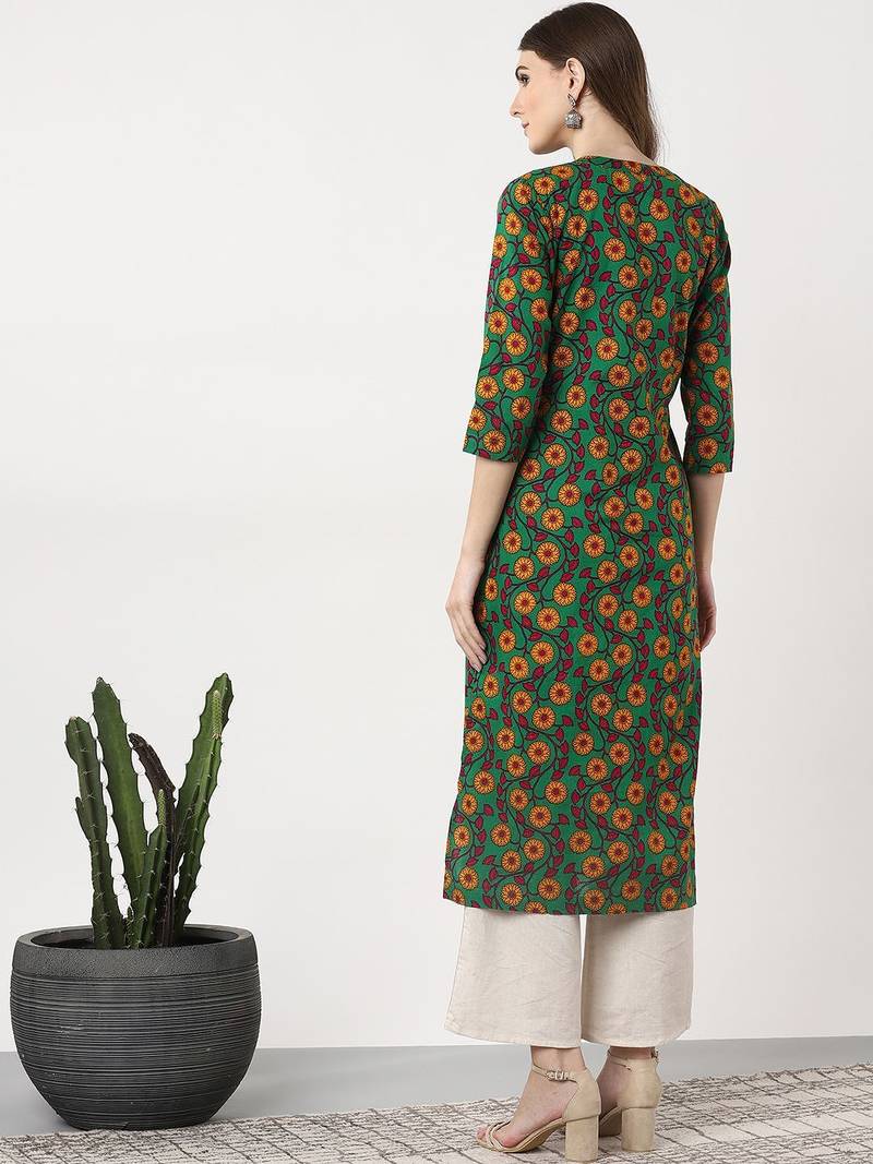 women green & mustard yellow printed straight kurta