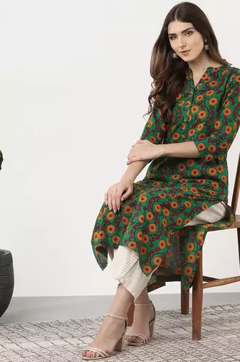 women green & mustard yellow printed straight kurta