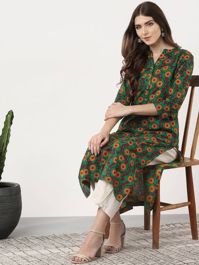 women green & mustard yellow printed straight kurta