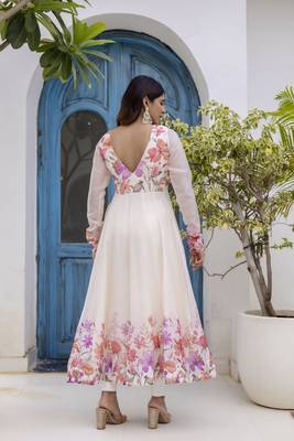  off-white organza floral printed anarkali gown set with dupatta & pant 3