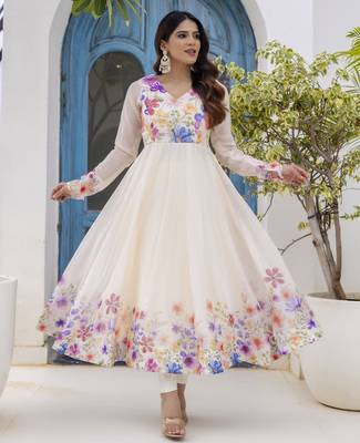  off-white organza floral printed anarkali gown set with dupatta & pant 1