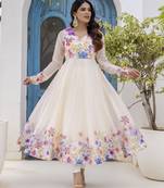  off-white organza floral printed anarkali gown set with dupatta & pant