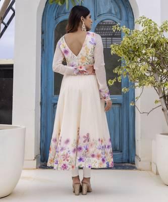  off-white organza floral printed anarkali gown set with dupatta & pant 2
