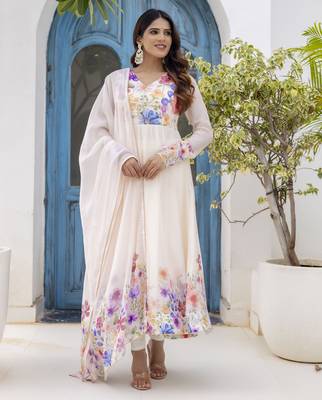  off-white organza floral printed anarkali gown set with dupatta & pant 3