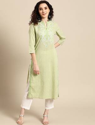women green floral yoke design thread work pastels kurta 1