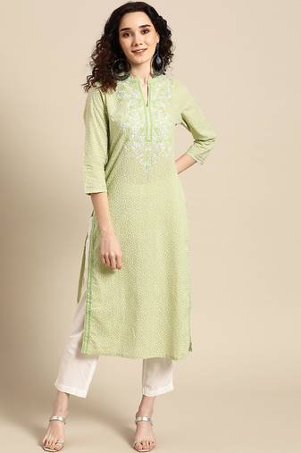 women green floral yoke design thread work pastels kurta