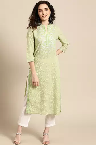 women green floral yoke design thread work pastels kurta