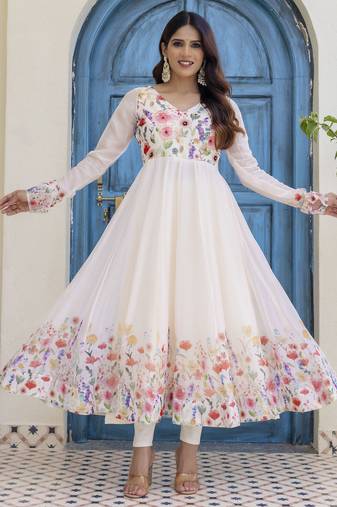  off-white organza floral printed anarkali gown set with dupatta & pant