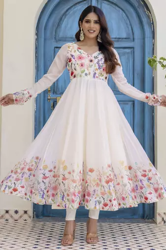  off-white organza floral printed anarkali gown set with dupatta & pant