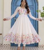  off-white organza floral printed anarkali gown set with dupatta & pant