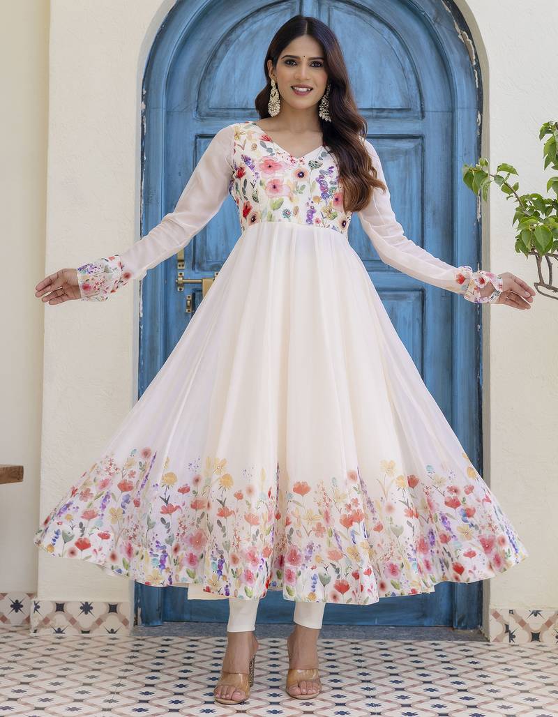  off-white organza floral printed anarkali gown set with dupatta & pant
