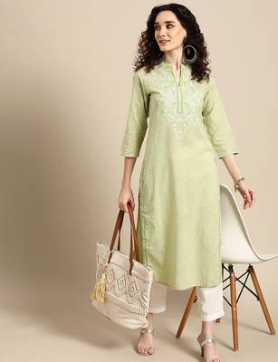 women green floral yoke design thread work pastels kurta 2
