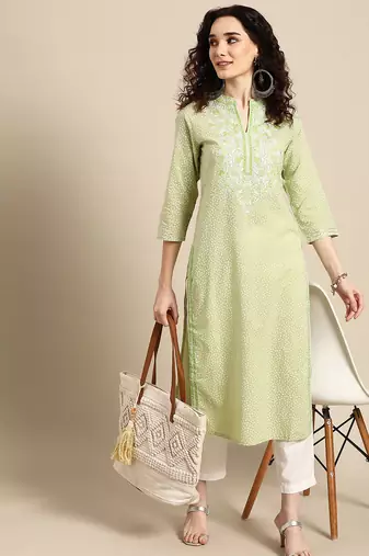 women green floral yoke design thread work pastels kurta