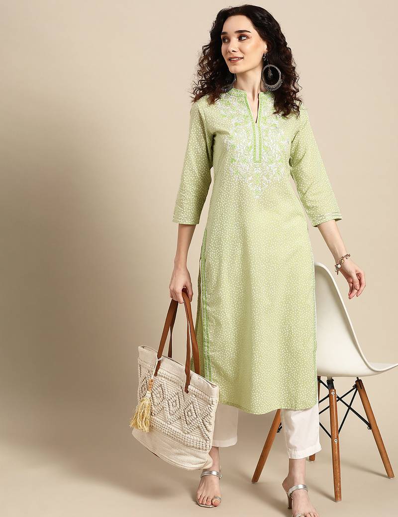 women green floral yoke design thread work pastels kurta